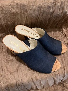 Anne Klein Navy Open-Toe Cork Mules
